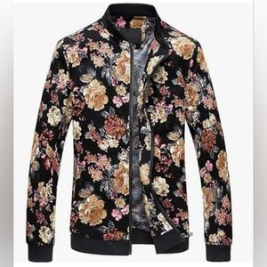 Men's Flowers Print Zipper Front Bomber Jacket